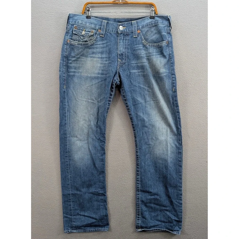 Vintage True Religion Ricky Jeans Men's 38 Straight Leg Blue Flap Pocket USA Y2K